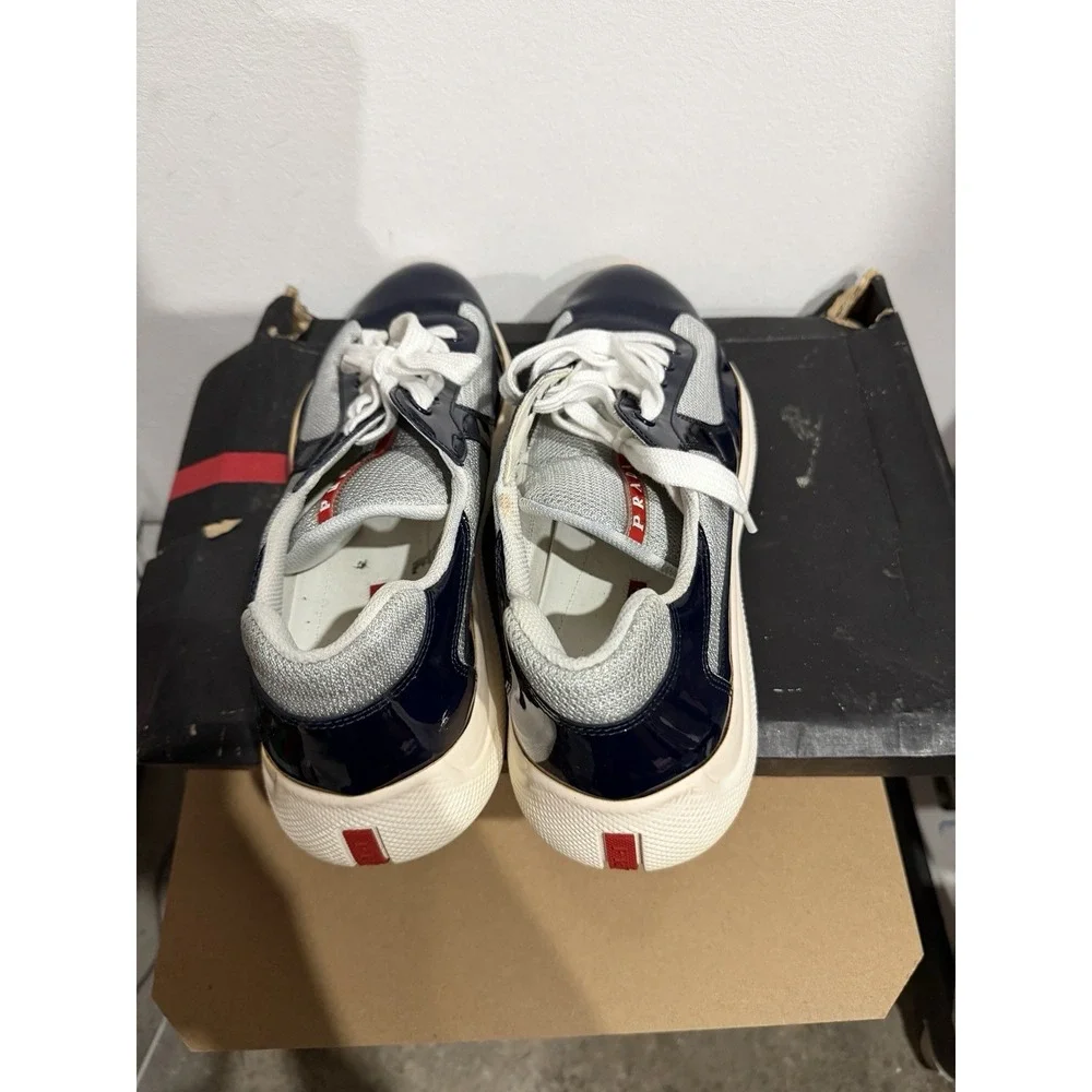Prada Vernice Bike Patent Mesh Sneakers Navy/Silver Mens Size 11